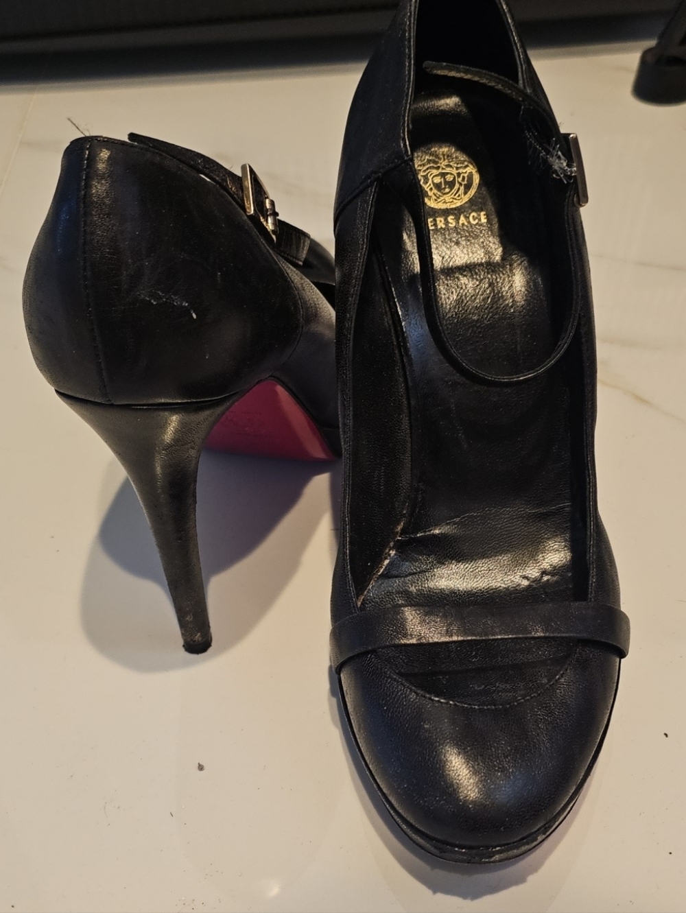 Versace Mary Jane Heels Pink Bottoms Size 38.5 US 8